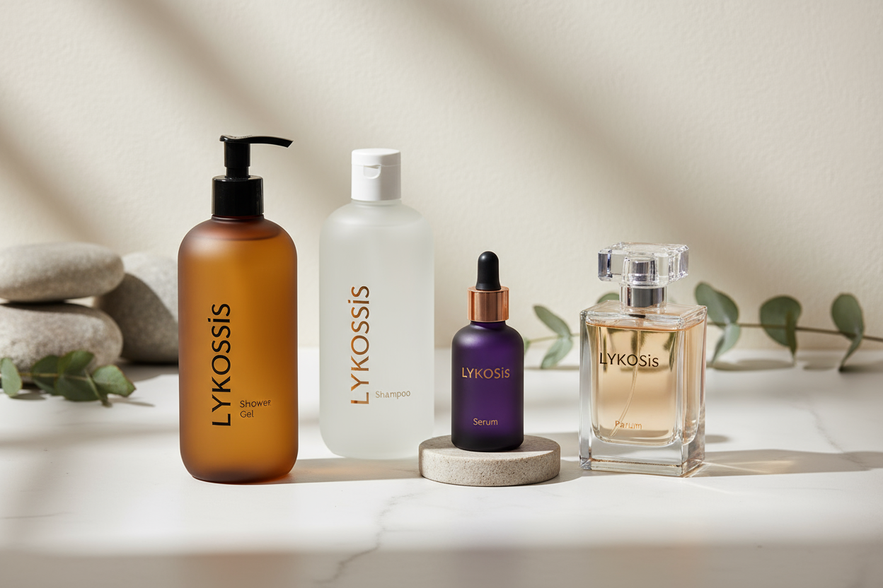 Create an image featuring LYKOSis-branded shower gel, shampoo, serum, and perfume products, with the LYKOSis logo clearly visible on each item.